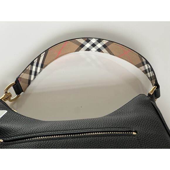 Burberry Hobo Leather Shoulder Bag Check Strap Black 81046821 Italy NWT $1750 - Picture 9 of 16
